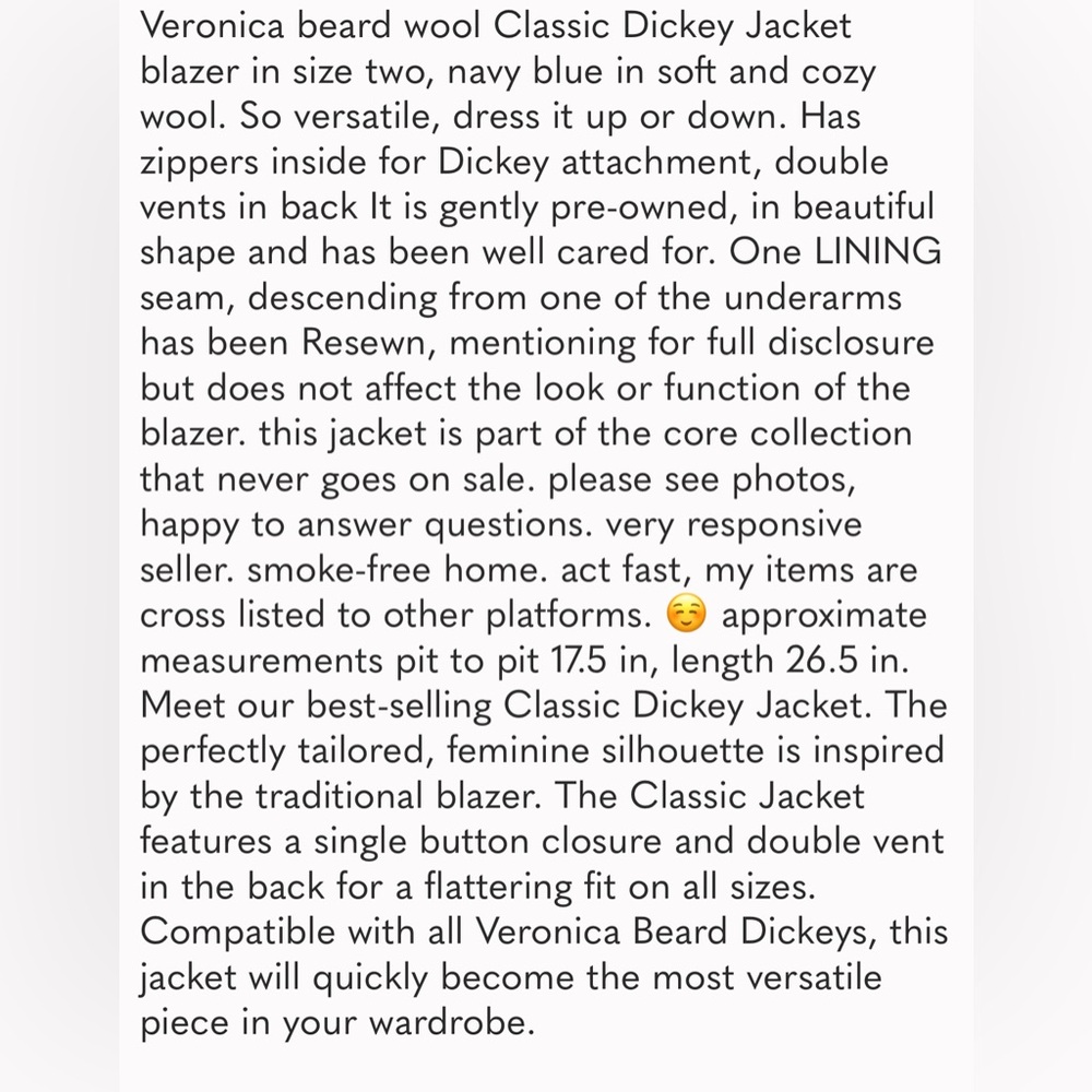 Veronica Beard 2 the "Classic Dickey Jacket" wool navy blue core - Picture 13 of 13